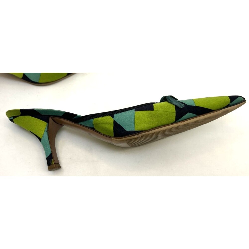VTG Prada Mules Sz 35.5 Satin Geometric Blue Green Kitten Heels Bow Accent RARE! - Picture 6 of 15